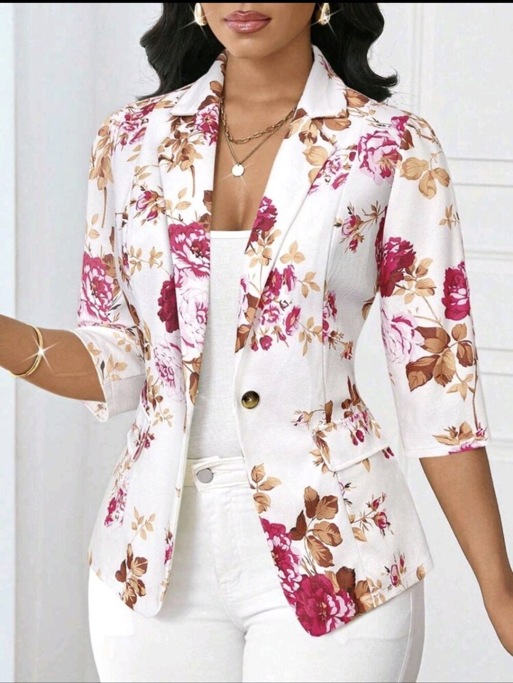 White Floral Blazer with Pink & Brown Blooms
